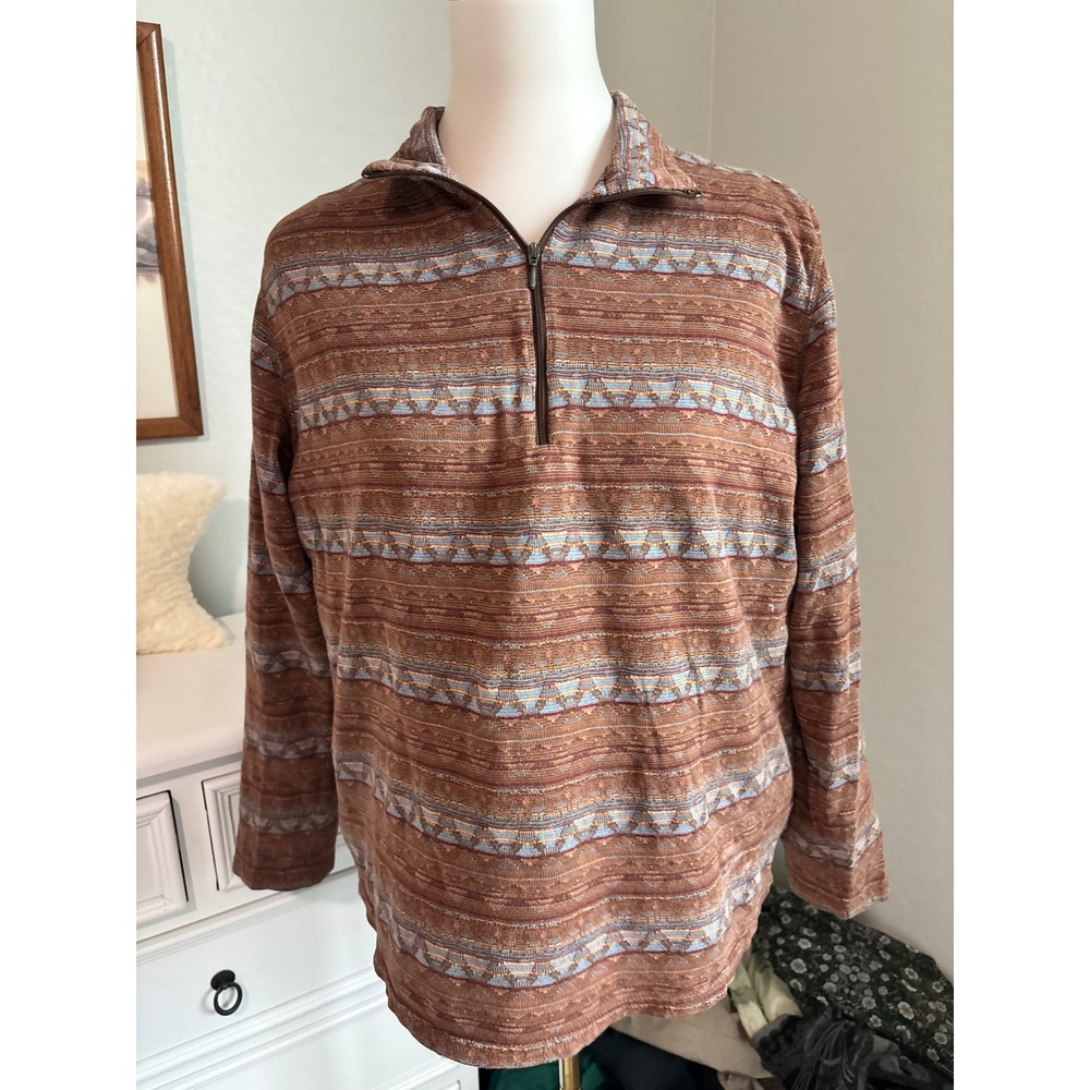granola Southwestern boho Woolrich Pullover Brown Geometric Quarter Zip Large